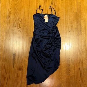 Cider Blue Asymmetrical Ruched Cocktail Dress
